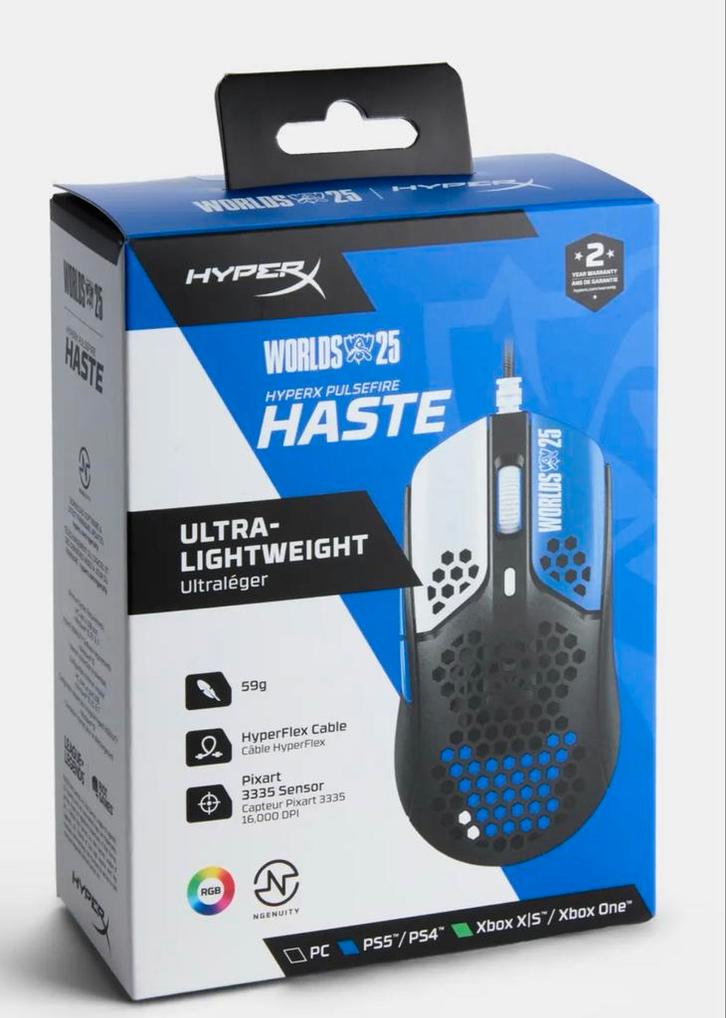 HyperX Pulsefire Haste Worlds 2025 Limited Edition, Computers en Software, Muizen, Nieuw, Muis, Rechtshandig, Bedraad, Gaming muis