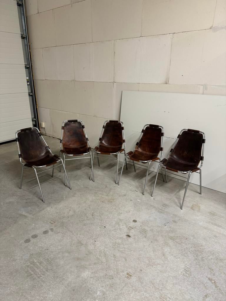 Set vintage Charlotte Perriand Les Arcs  leer & chroom 70’s, Huis en Inrichting, Stoelen, Ophalen, Gebruikt, Bruin, Leer