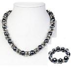 Parelketting ketting antracietblauw met bijpassende armband, Overige materialen, Nieuw, Met strass, Verzenden