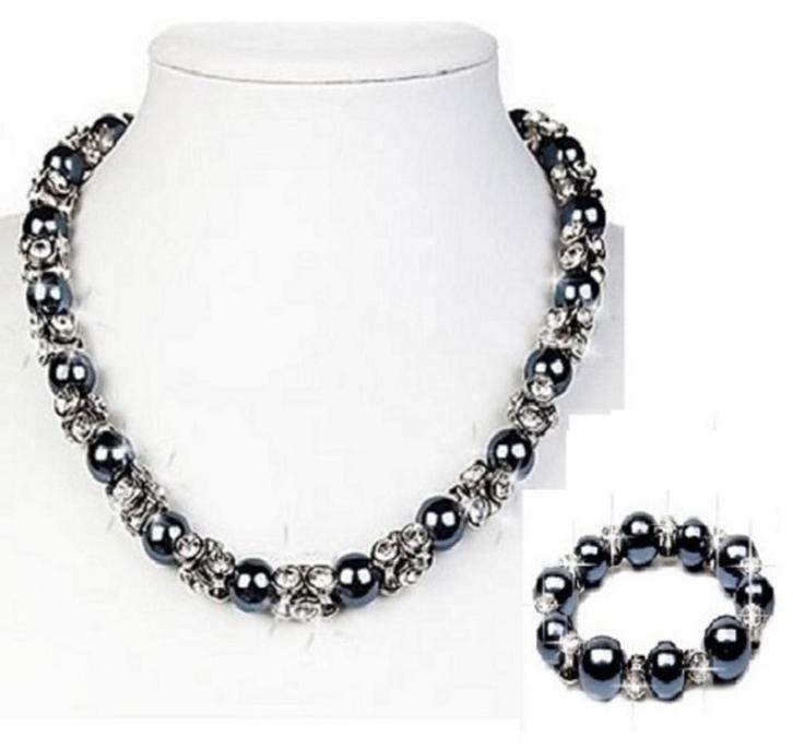 Parelketting ketting antracietblauw met bijpassende armband, Sieraden, Tassen en Uiterlijk, Kettingen, Nieuw, Overige materialen