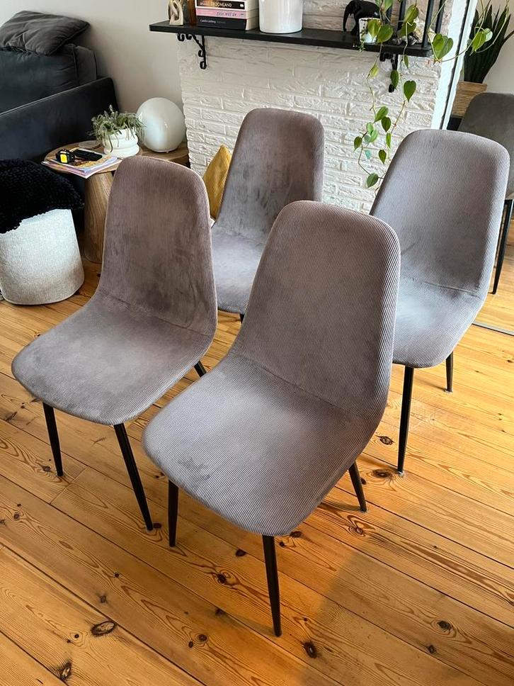 Set van 4 eetkamerstoelen ribstof grijs, Huis en Inrichting, Stoelen, Gebruikt, Vier, Stof, Grijs, Ophalen