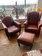 2 leren fauteuils en voetenbank, Huis en Inrichting, Fauteuils, Ophalen, Gebruikt, 50 tot 75 cm, Leer