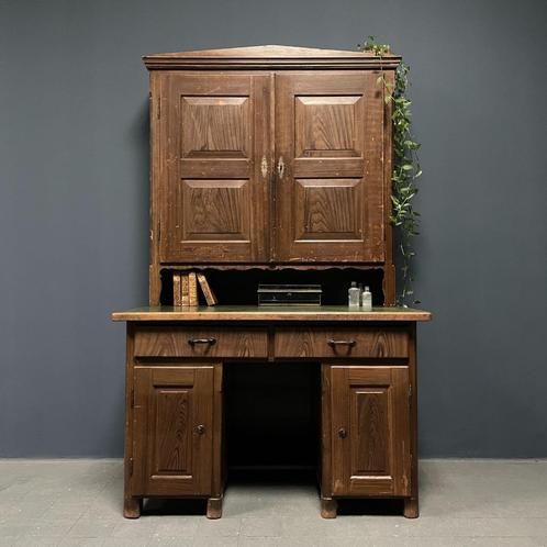 Beschilderd grenen bureau met bovenkast secretaire antiek, Huis en Inrichting, Kasten | Secretaires, Gebruikt, Ophalen