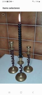3 gedraaide, koperen, oude kandelaars. Barley twist., Ophalen of Verzenden