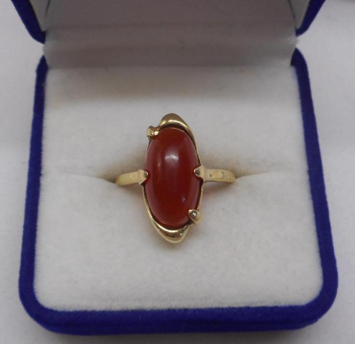 14 karaat gouden ring met carneool maat 17 nr.967, Sieraden, Tassen en Uiterlijk, Antieke sieraden, Ring, Goud, Met edelsteen