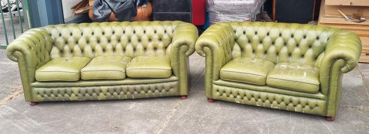Vintage Chesterfield bankstel groen + BEZORGING GRATIS, Huis en Inrichting, Banken | Bankstellen, Gebruikt, Rechte bank, Leer