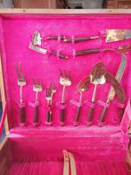 Unieke set, antiek, messing?, houten heft, 3 lades, Antiek en Kunst, Antiek | Bestek, Ophalen