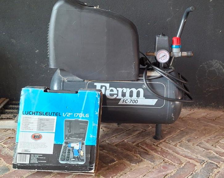Ferm FC-700 Compressor + Luchtsleutel Set, Doe-het-zelf en Verbouw, Compressors, Gebruikt, 6 tot 10 bar, Minder dan 25 liter, Minder dan 200 liter/min