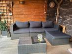 Loungebank incl. kussens, hocker en tafel (loungeset), Ophalen, Kunststof, Gebruikt, 125 cm of meer