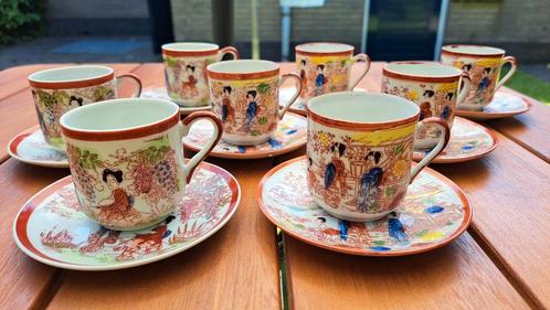 8 kop en schotel Japans porselein Kutani antiek, Antiek en Kunst, Antiek | Servies compleet, Ophalen