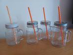4 glazen bekers met deksel en rietje. 3x appelsientje, Glas of Glazen, Gebruikt, Ophalen of Verzenden, Glas