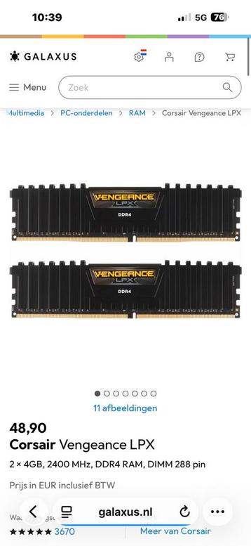 Corsair vengeance 2x 4gb 2400mhz beschikbaar voor biedingen