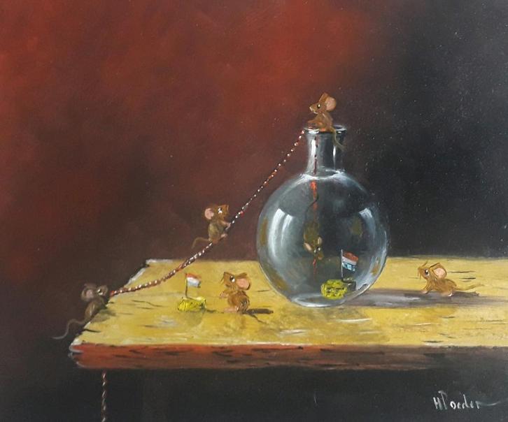 LEUK STILLEVEN MUISJES OP ZOEK NAAR KAAS 🐭🧀🐭 HENK POEDER, Antiek en Kunst, Kunst | Schilderijen | Klassiek, Ophalen of Verzenden