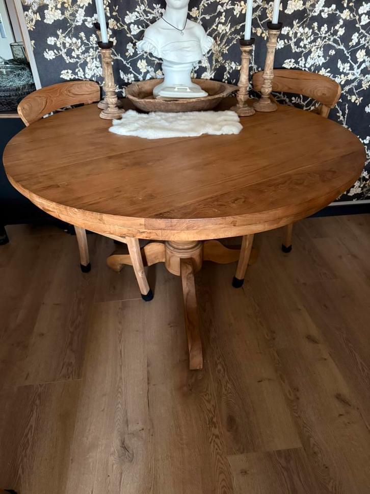 Ronde eettafel massief teak, Huis en Inrichting, Tafels | Eettafels, Zo goed als nieuw, 100 tot 150 cm, Rond, Teakhout, Ophalen