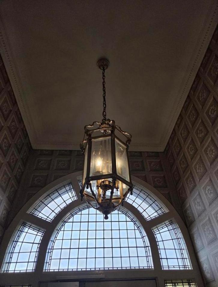 Indrukwekkende koper/ messing lantaarnlamp, Huis en Inrichting, Lampen | Hanglampen, Zo goed als nieuw, 75 cm of meer, Glas, Metaal