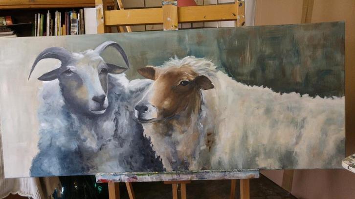 Prachtig handgeschilderd schilderij schapen 120 x 50 cm, Antiek en Kunst, Kunst | Schilderijen | Modern, Ophalen
