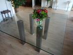 Design glazen eettafel, Ophalen, Vierkant, Vijf personen of meer, Glas en metalen poten