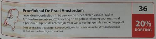 Proeflokaal De Prael Amsterdam 20% korting Postcodebon nr 36, Tickets en Kaartjes, Kortingen en Cadeaubonnen, Drie personen of meer