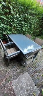 Mooie stevige Glazen Tuintafel met 6 stoelen P&R design., Ophalen, Gebruikt, 6 zitplaatsen, Aluminium