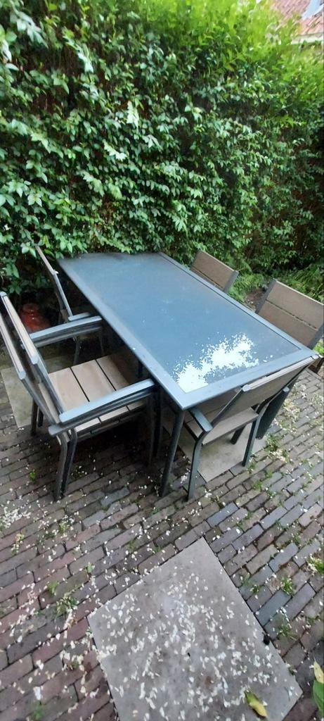 Mooie stevige Glazen Tuintafel met 6 stoelen P&R design., Tuin en Terras, Tuinsets en Loungesets, Gebruikt, Tuinset, Aluminium