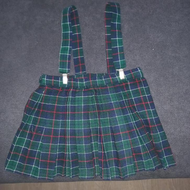 Plooirok met bretelclips kind, blauw groen rood wit, Antiek en Kunst, Antiek | Kleding en Accessoires, Kinderen, Ophalen of Verzenden