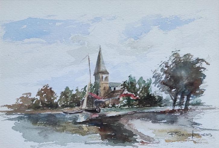 Fred Smoolenaers (1951) - Dorpsgezicht met kerktoren, Antiek en Kunst, Kunst | Schilderijen | Klassiek, Ophalen of Verzenden