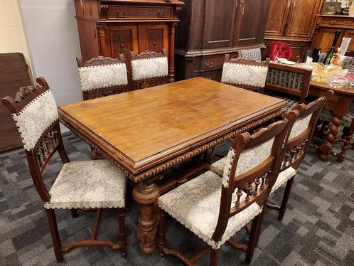 Antieke eiken Henri Deux eethoek, 6 stoelen + uittrektafel., Antiek en Kunst, Antiek | Meubels | Tafels, Ophalen