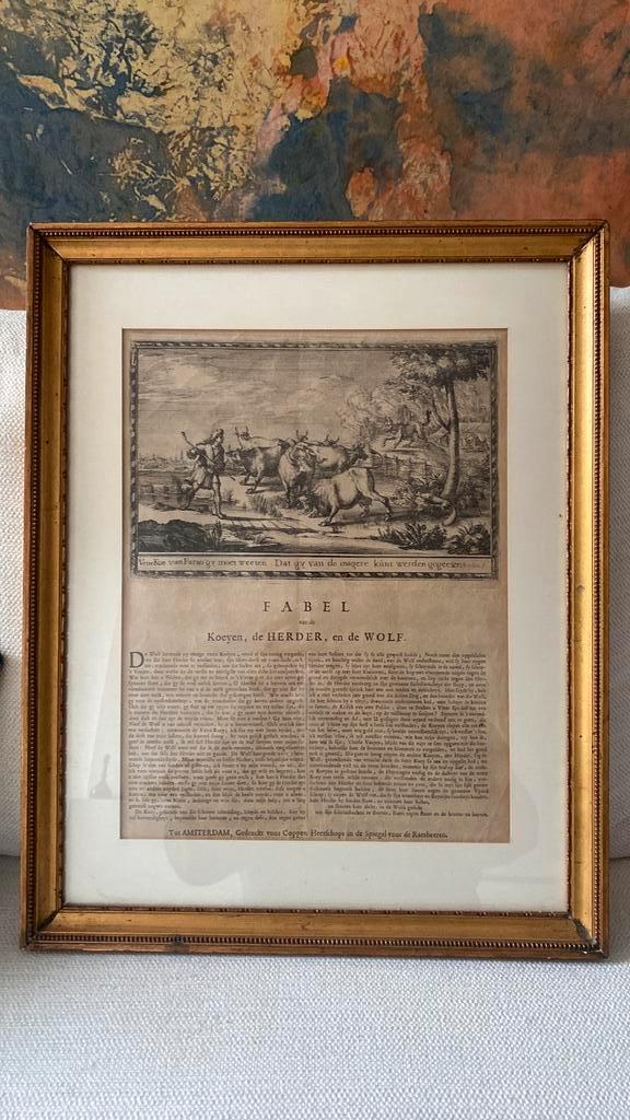 Fabel van de koeien, de herder, en de wolf, Antiek en Kunst, Kunst | Etsen en Gravures, Ophalen of Verzenden
