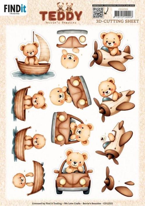 Berrie's Beauties CD12321 Teddy Transport 3D knipvel A4, Hobby en Vrije tijd, Kaarten | Zelf maken, Nieuw, Knipvel, Kind, Ophalen of Verzenden