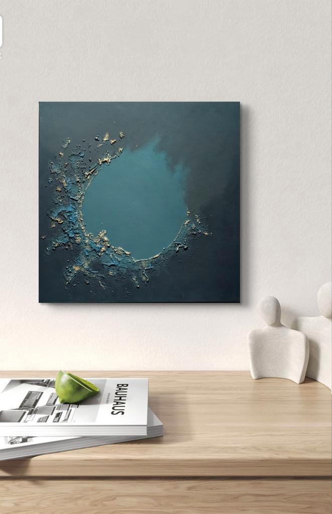 Abstract Schilderij, Groen, Blauw & Goud 50x50 cm, Antiek en Kunst, Kunst | Schilderijen | Abstract, Ophalen of Verzenden