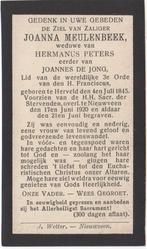 Joanna Meulenbeek 1845 Herveld + 1920 Nieuwveen, 74 jr, Verzamelen, Bidprentjes en Rouwkaarten, Verzenden, Bidprentje