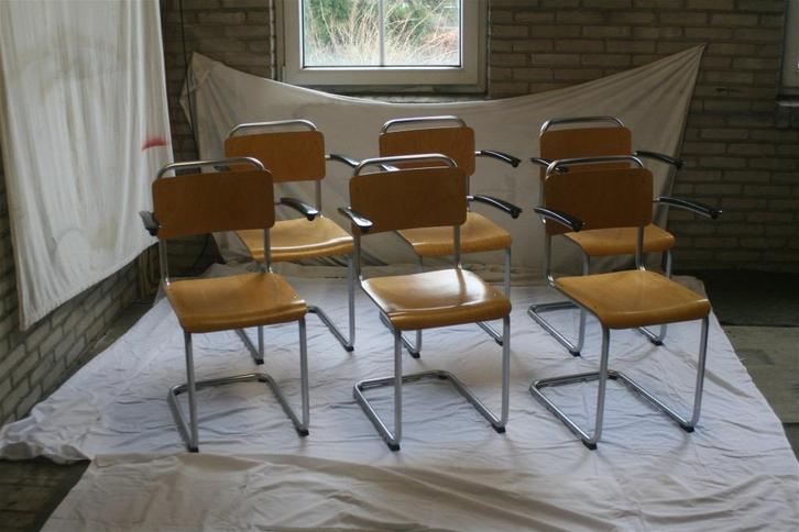 6 Dutch Originals Mat Chroom Gispen 201 Stoelen Beuken, Huis en Inrichting, Stoelen, Zo goed als nieuw, Vijf, Zes of meer stoelen