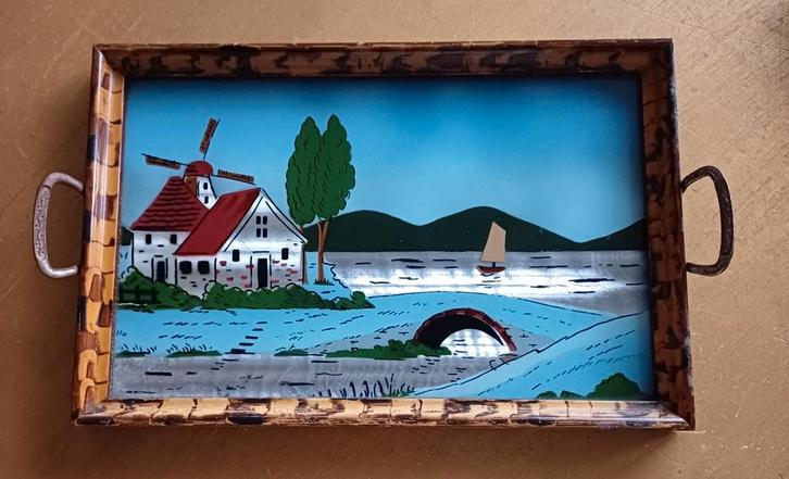 Reverse painting, dienblad beschilderd glas, ca 1920, Antiek en Kunst, Kunst | Schilderijen | Klassiek, Ophalen of Verzenden