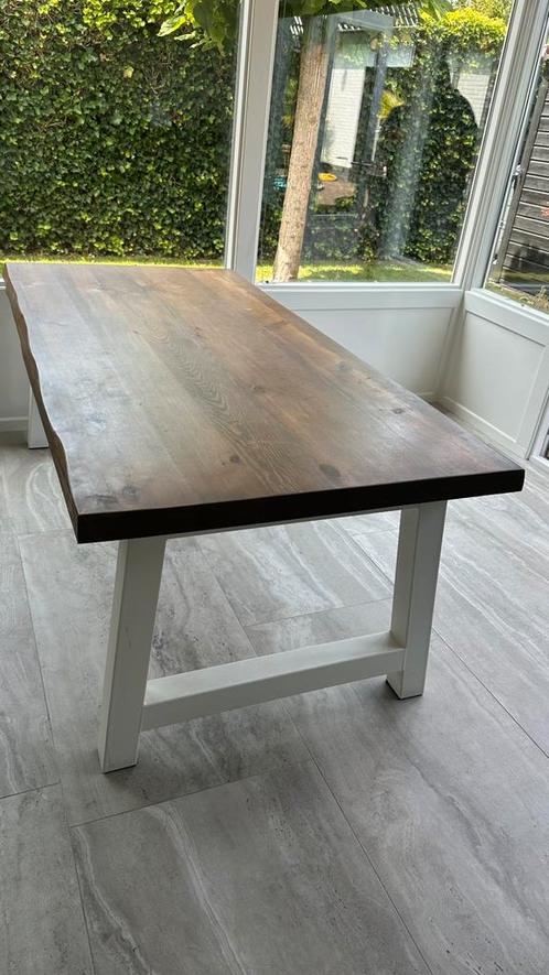 Boomstamtafel 200x100 cm wit ijzeren onderstel, Huis en Inrichting, Tafels | Eettafels, Gebruikt, 200 cm of meer, Vijf personen of meer