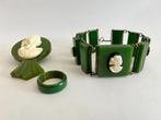 Groen Bakeliet Camee Broche, Armband en bijpassende ring, Verzenden, Overige materialen, Armband