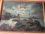 Oud schilderij Hollands gezicht water boten en molen, Ophalen of Verzenden