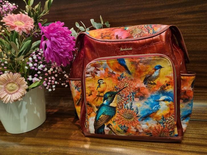 Kunstleren Rugzak met canvas voorkant (bloemen & vogels), Sieraden, Tassen en Uiterlijk, Tassen | Rugtassen, Gebruikt, Overige merken