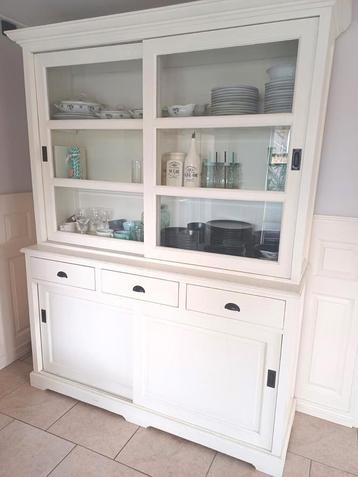 Whitewash vitrine / buffetkast teakhout met schuifdeuren