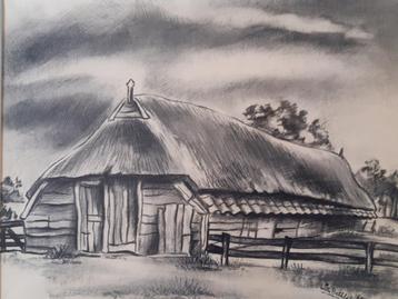 tekening Drents landschap schuur Willy Bethlehem 1962 beschikbaar voor biedingen