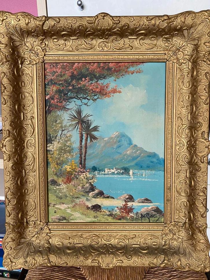 Schilderij van een kustlandschap met berg, Antiek en Kunst, Kunst | Schilderijen | Klassiek, Ophalen