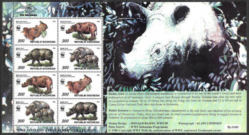 Indonesie 1996 WNF Sumattraanse Neushoorn souvenirvel postfr, Postzegels en Munten, Postzegels | Azië, Postfris, Zuidoost-Azië