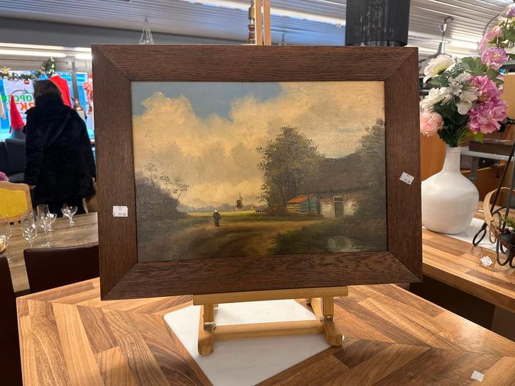 Landschap met molen - Olieverf op doek, Antiek en Kunst, Kunst | Schilderijen | Klassiek, Ophalen of Verzenden