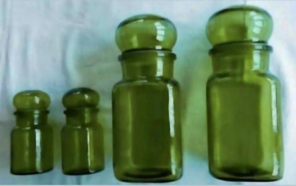 Retro vintage groene roze glazen potten voorraadpotten, Ophalen of Verzenden, Glas, Pot, Bus of Blik