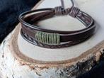 bruine leren armband groen touw nr. 06, Sieraden, Tassen en Uiterlijk, Armbanden, Ophalen of Verzenden, Nieuw, Bruin, Leer
