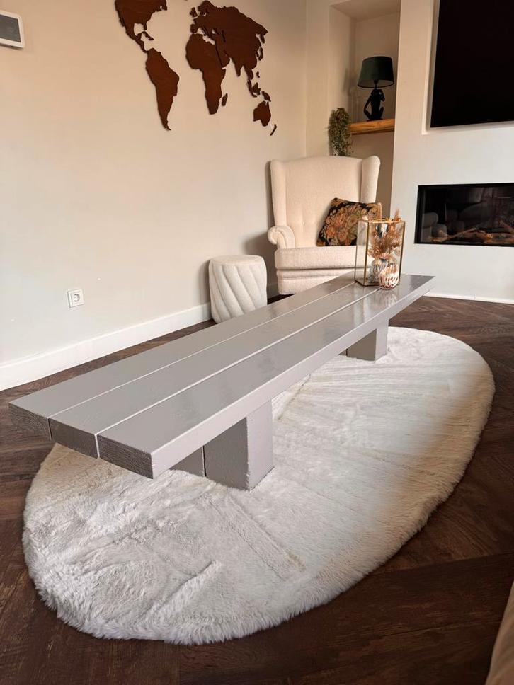 Handgemaakte houten Salontafel Taupe japandi robuust, Huis en Inrichting, Tafels | Salontafels, Zo goed als nieuw, Minder dan 50 cm