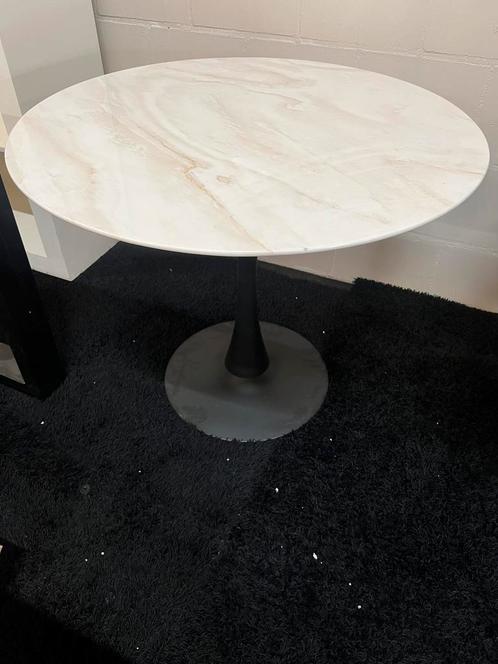 Eettafel rond 90cm glas marmerlook creme/wit, Huis en Inrichting, Tafels | Eettafels, Zo goed als nieuw, 50 tot 100 cm, 50 tot 100 cm