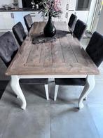 Steigerhouten eethoek met grijze stoelen en salontafel, Huis en Inrichting, Tafels | Eettafels, Ophalen, 200 cm of meer, 50 tot 100 cm