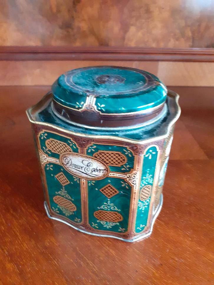 Douwe Egberts theetrommeltje groen, Verzamelen, Blikken, Zo goed als nieuw, Thee, Douwe Egberts, Ophalen of Verzenden