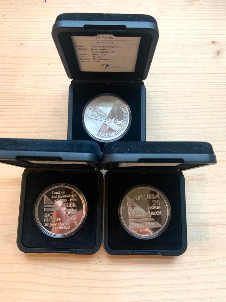 Aruba 3x 25 en 50 Florin proof zilver 1991-2000, Postzegels en Munten, Munten | Nederland, Koningin Beatrix, Zilver, Ophalen of Verzenden
