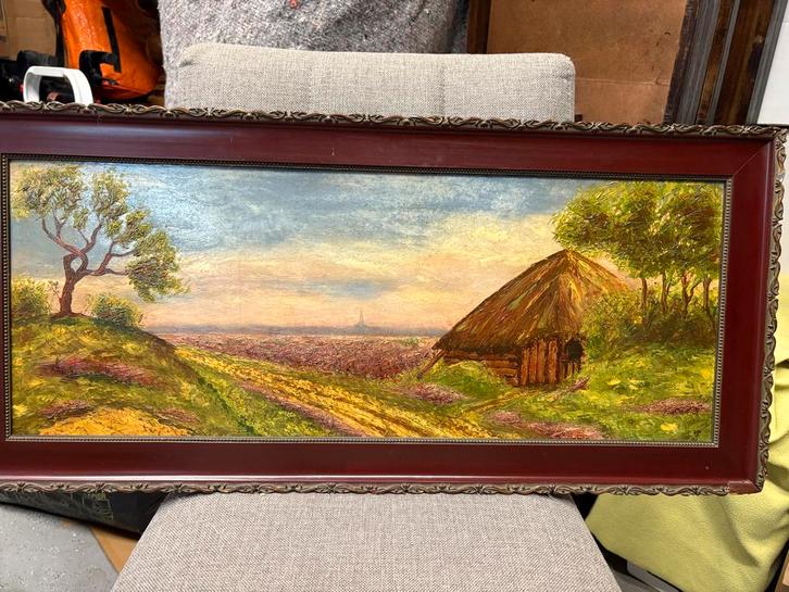 Schilderij met landschap en hut, Antiek en Kunst, Kunst | Schilderijen | Klassiek, Ophalen of Verzenden